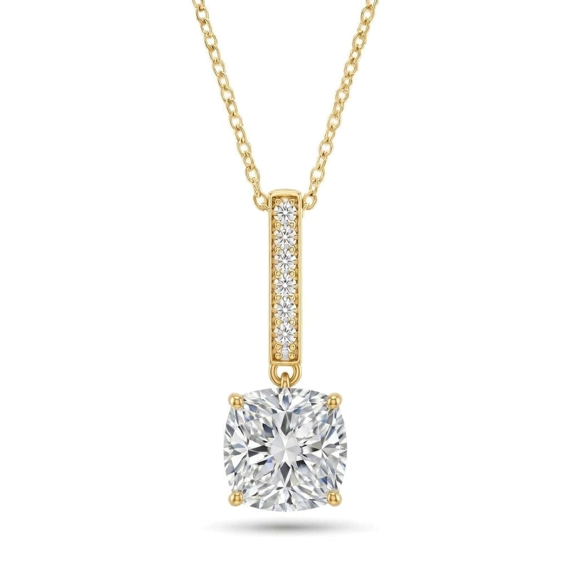 Yellow Gold Cushion Brilliant Zymeris Diamond Vertical Bar Drop Pendant Necklace With Pavé Set Slim Bar And Solitaire Prong Drop