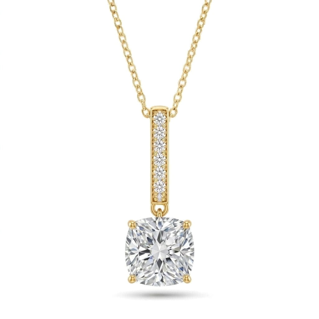Yellow Gold Cushion Brilliant Zymeris Diamond Vertical Bar Drop Pendant Necklace With Pavé Set Slim Bar And Solitaire Prong Drop