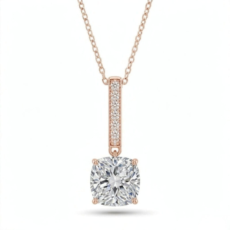 Rose Gold Cushion Brilliant Zymeris Diamond Vertical Bar Drop Pendant Necklace With Pavé Set Slim Bar And Solitaire Prong Drop
