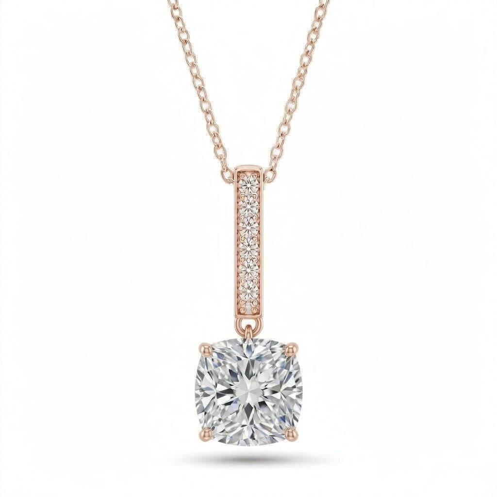Rose Gold Cushion Brilliant Zymeris Diamond Vertical Bar Drop Pendant Necklace With Pavé Set Slim Bar And Solitaire Prong Drop