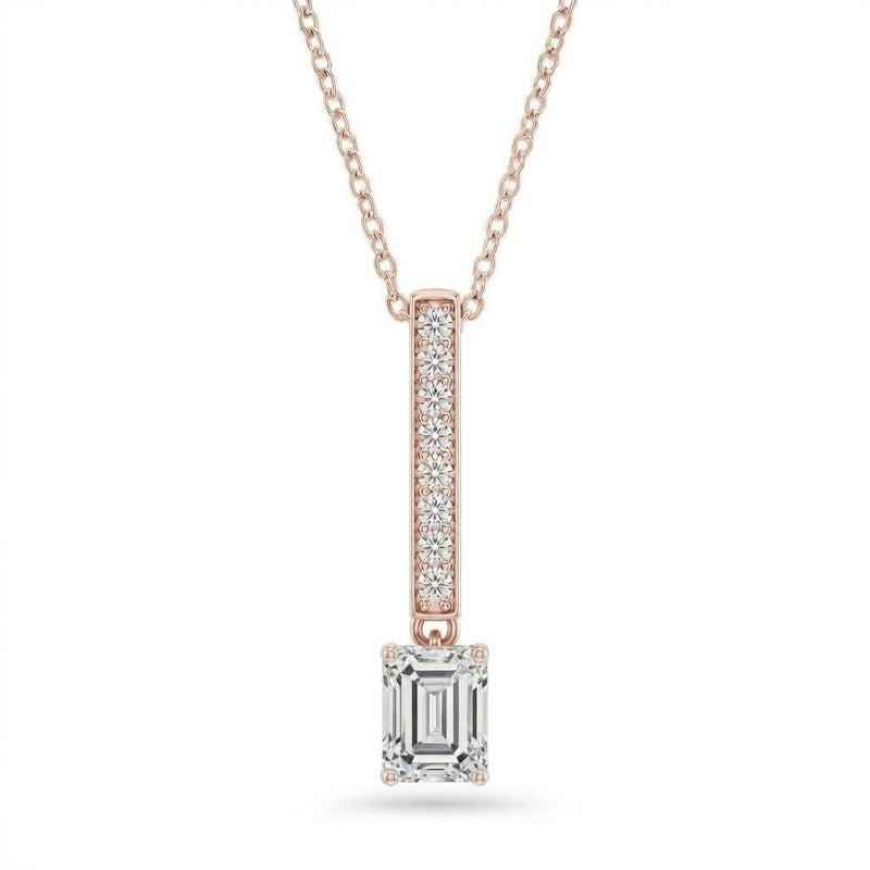 Rose Gold Emerald Brilliant Zymeris Diamond Vertical Bar Drop Pendant Necklace With Pavé Set Slim Bar And Solitaire Prong Drop