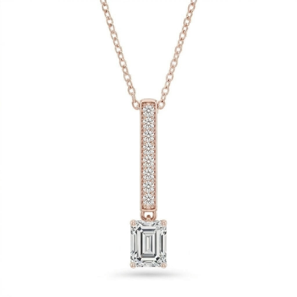 Rose Gold Emerald Brilliant Zymeris Diamond Vertical Bar Drop Pendant Necklace With Pavé Set Slim Bar And Solitaire Prong Drop