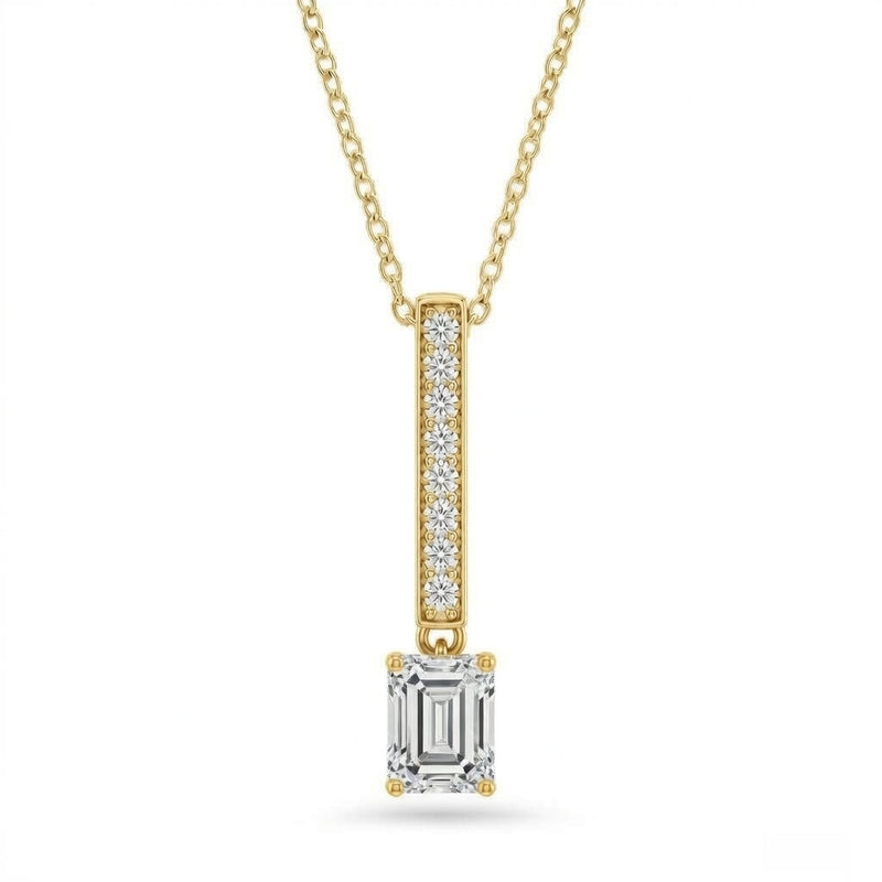 Yellow Gold Emerald Brilliant Zymeris Diamond Vertical Bar Drop Pendant Necklace With Pavé Set Slim Bar And Solitaire Prong Drop