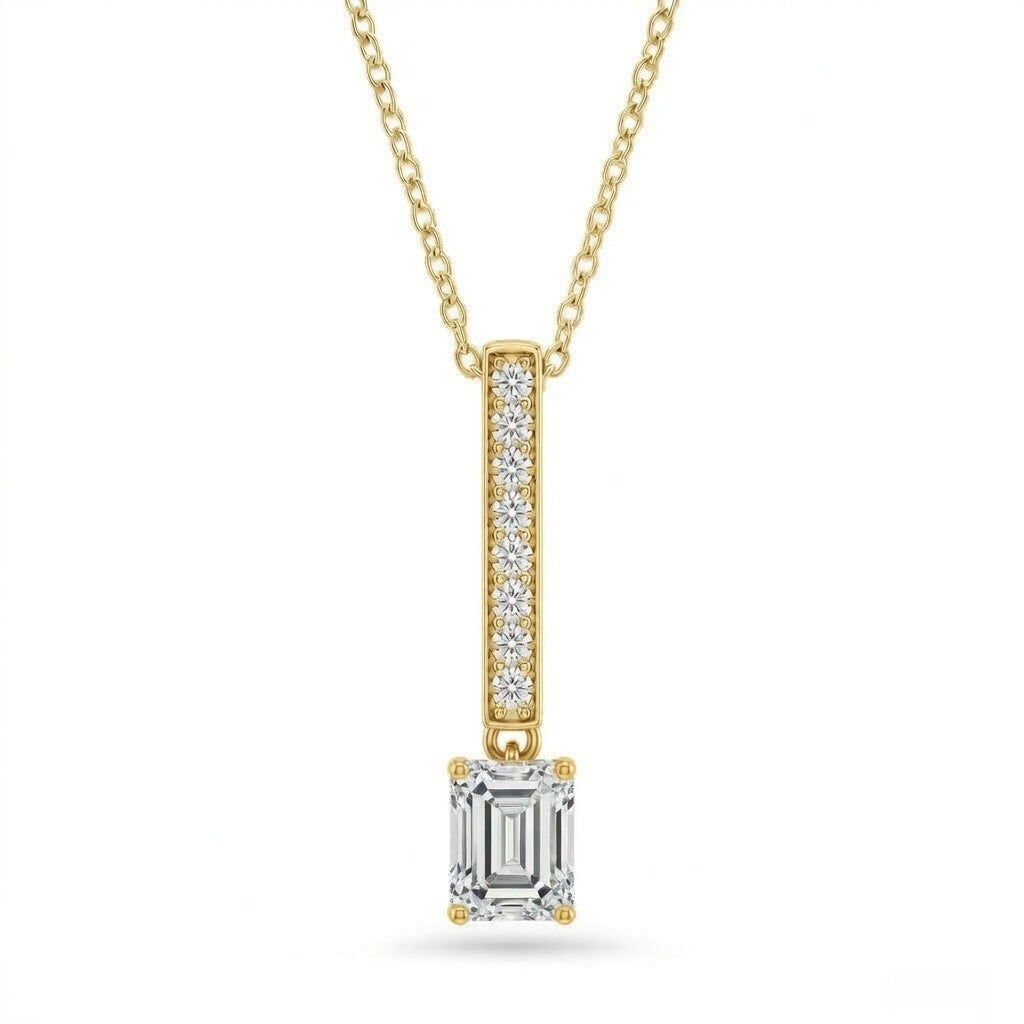 Yellow Gold Emerald Brilliant Zymeris Diamond Vertical Bar Drop Pendant Necklace With Pavé Set Slim Bar And Solitaire Prong Drop