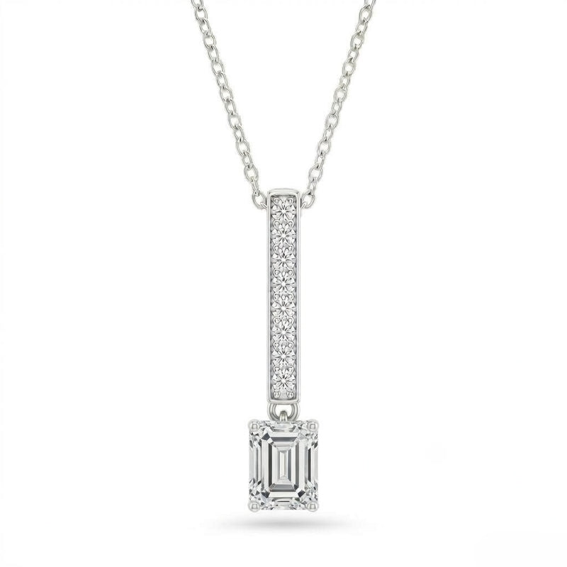 Silver Emerald Brilliant Zymeris Diamond Vertical Bar Drop Pendant Necklace With Pavé Set Slim Bar And Solitaire Prong Drop