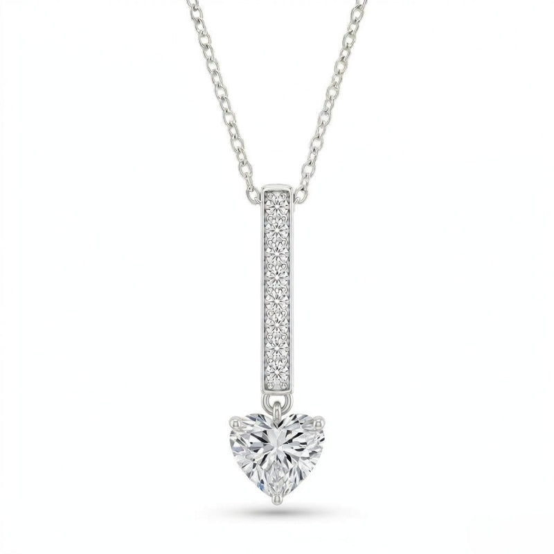 White Gold Heart Brilliant Zymeris Diamond Vertical Bar Drop Pendant Necklace With Pavé Set Slim Bar And Solitaire Prong Drop