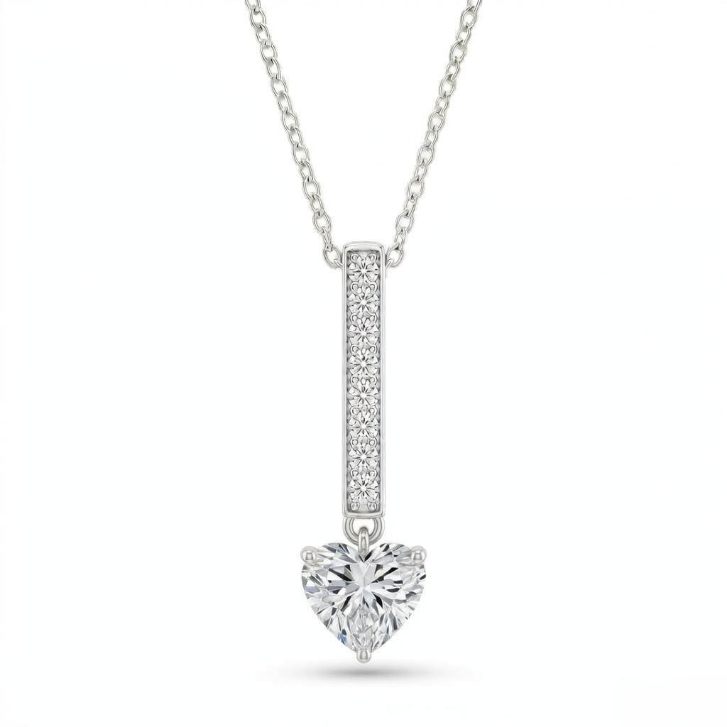 Silver Heart Brilliant Zymeris Diamond Vertical Bar Drop Pendant Necklace With Pavé Set Slim Bar And Solitaire Prong Drop