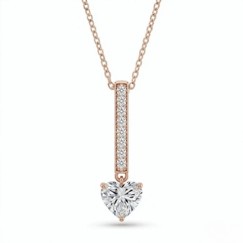 Rose Gold Heart Brilliant Zymeris Diamond Vertical Bar Drop Pendant Necklace With Pavé Set Slim Bar And Solitaire Prong Drop