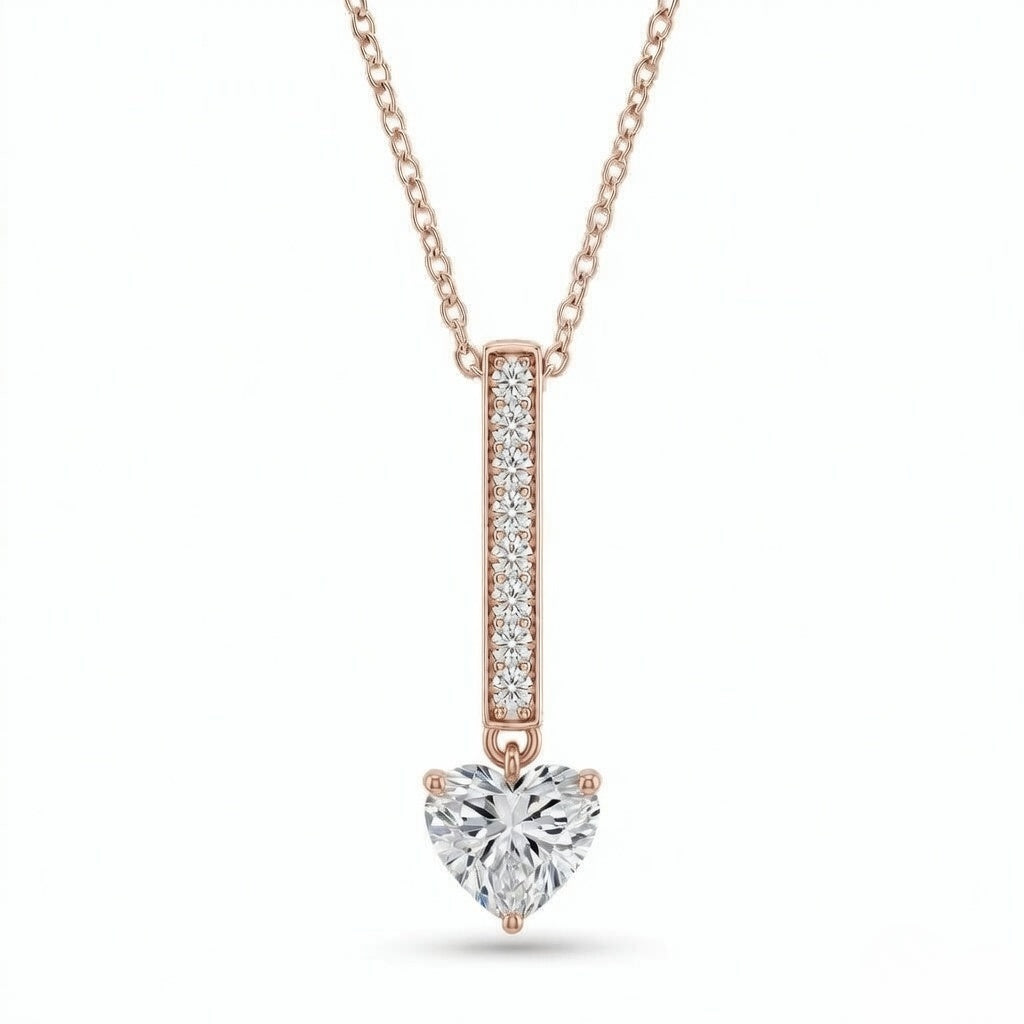 Rose Gold Heart Brilliant Zymeris Diamond Vertical Bar Drop Pendant Necklace With Pavé Set Slim Bar And Solitaire Prong Drop