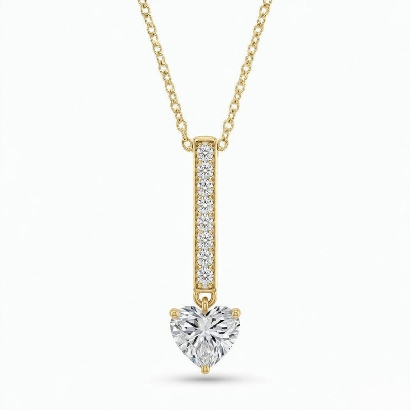 Yellow Gold Heart Brilliant Zymeris Diamond Vertical Bar Drop Pendant Necklace With Pavé Set Slim Bar And Solitaire Prong Drop