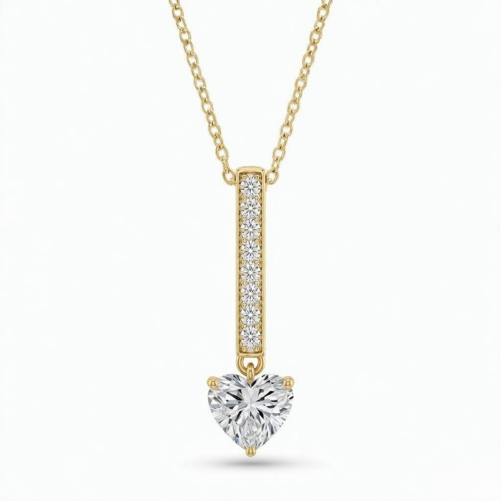 Yellow Gold Heart Brilliant Zymeris Diamond Vertical Bar Drop Pendant Necklace With Pavé Set Slim Bar And Solitaire Prong Drop