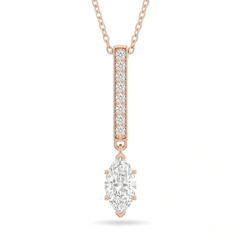 Rose Gold Marquise Brilliant Zymeris Diamond Vertical Bar Drop Pendant Necklace With Pavé Set Slim Bar And Solitaire Prong Drop