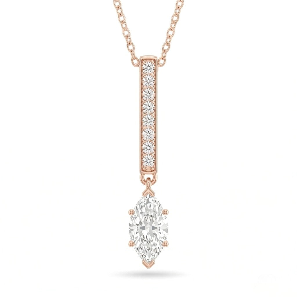 Rose Gold Marquise Brilliant Zymeris Diamond Vertical Bar Drop Pendant Necklace With Pavé Set Slim Bar And Solitaire Prong Drop