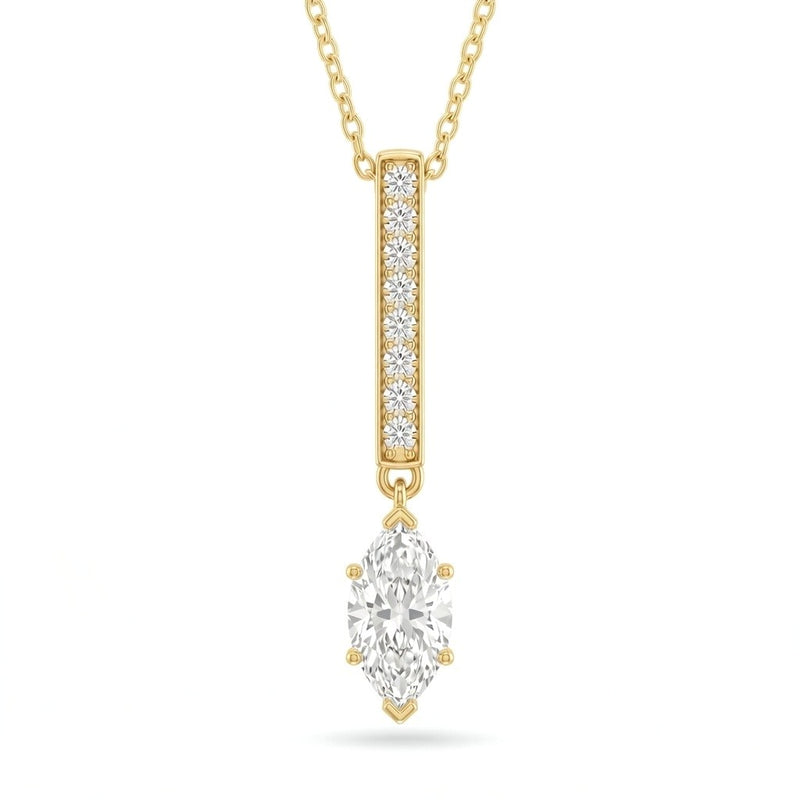 Yellow Gold Marquise Brilliant Zymeris Diamond Vertical Bar Drop Pendant Necklace With Pavé Set Slim Bar And Solitaire Prong Drop