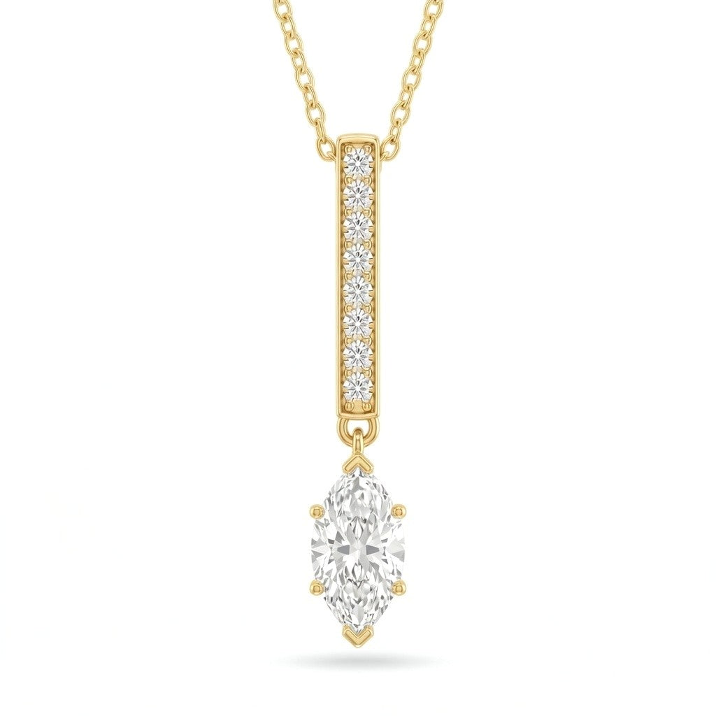 Yellow Gold Marquise Brilliant Zymeris Diamond Vertical Bar Drop Pendant Necklace With Pavé Set Slim Bar And Solitaire Prong Drop