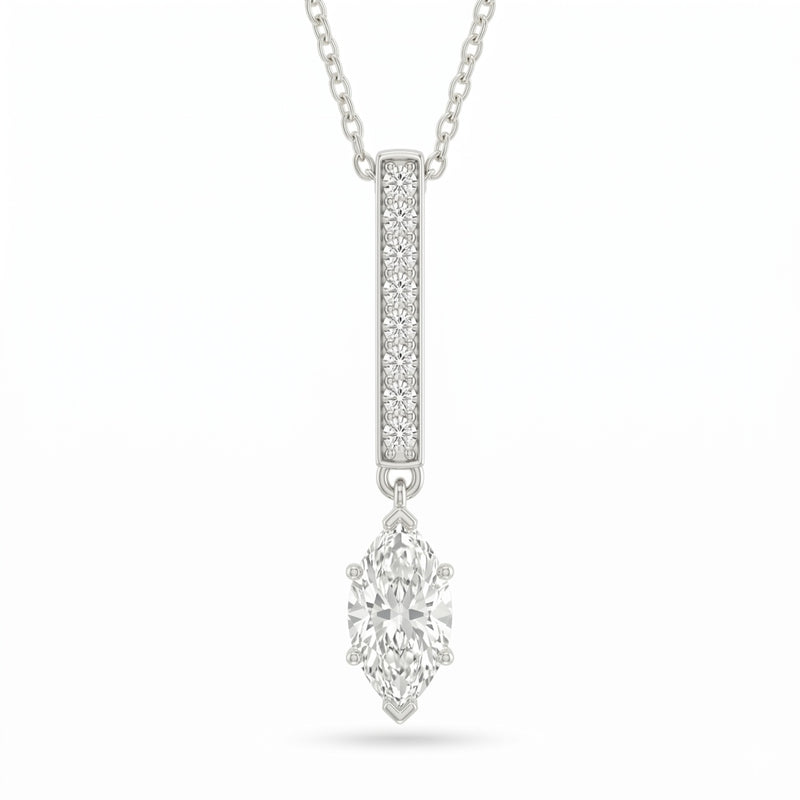 White Gold Marquise Brilliant Zymeris Diamond Vertical Bar Drop Pendant Necklace With Pavé Set Slim Bar And Solitaire Prong Drop