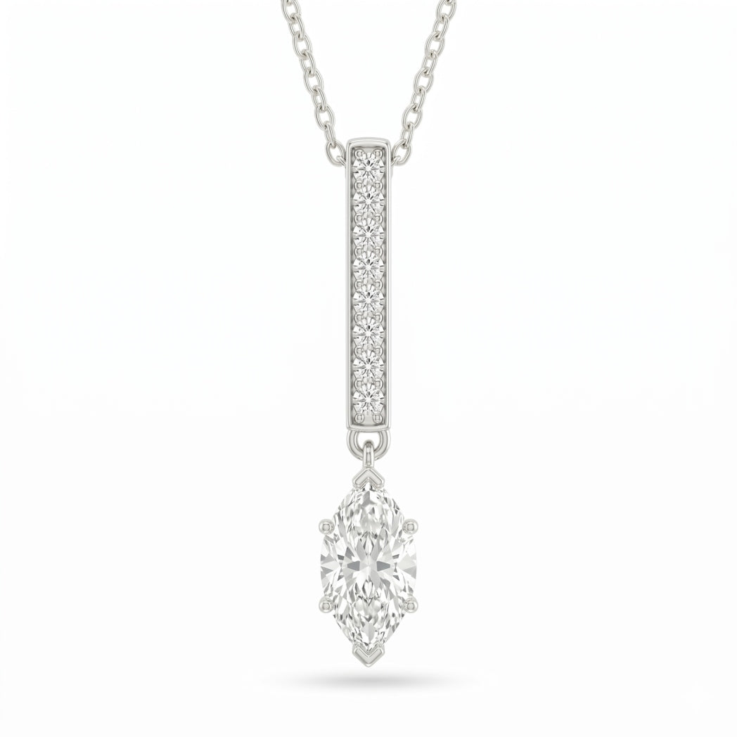 White Gold Marquise Brilliant Zymeris Diamond Vertical Bar Drop Pendant Necklace With Pavé Set Slim Bar And Solitaire Prong Drop