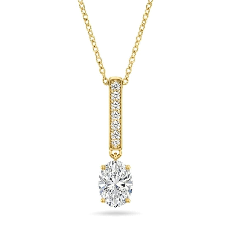Yellow Gold Oval Brilliant Zymeris Diamond Vertical Bar Drop Pendant Necklace With Pavé Set Slim Bar And Solitaire Prong Drop