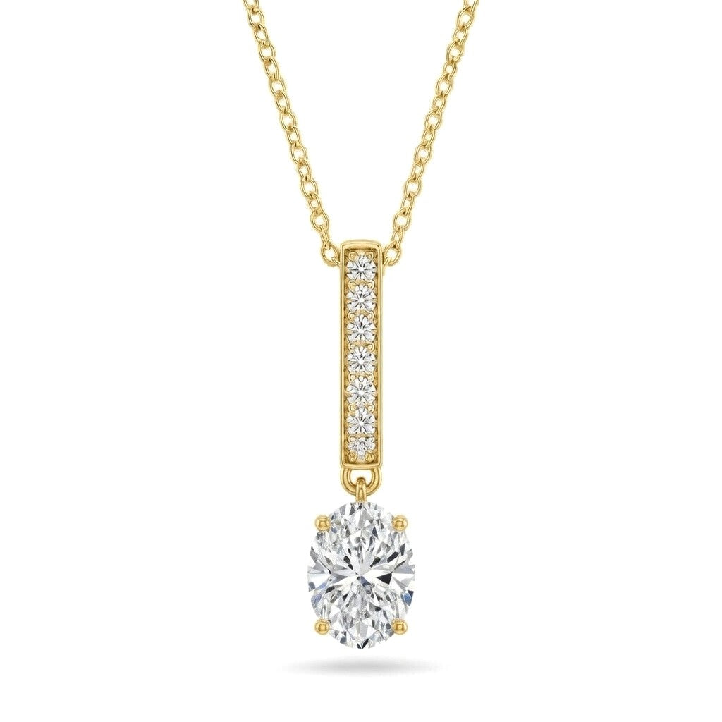 Yellow Gold Oval Brilliant Zymeris Diamond Vertical Bar Drop Pendant Necklace With Pavé Set Slim Bar And Solitaire Prong Drop