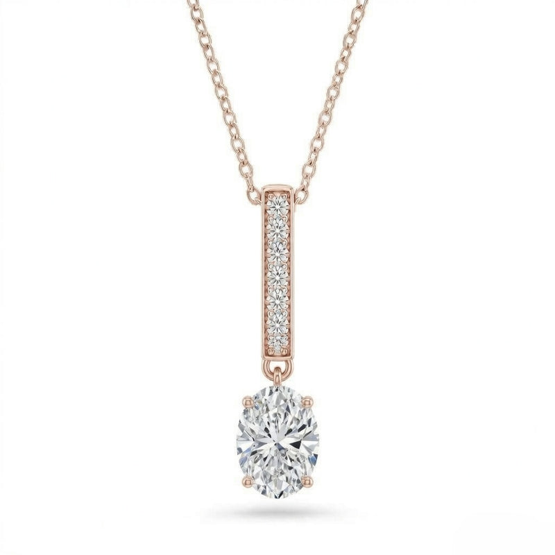Rose Gold Oval Brilliant Zymeris Diamond Vertical Bar Drop Pendant Necklace With Pavé Set Slim Bar And Solitaire Prong Drop