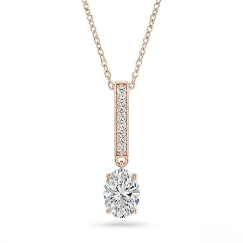 Rose Gold Oval Brilliant Zymeris Diamond Vertical Bar Drop Pendant Necklace With Pavé Set Slim Bar And Solitaire Prong Drop