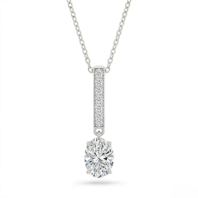 Silver Oval Brilliant Zymeris Diamond Vertical Bar Drop Pendant Necklace With Pavé Set Slim Bar And Solitaire Prong Drop