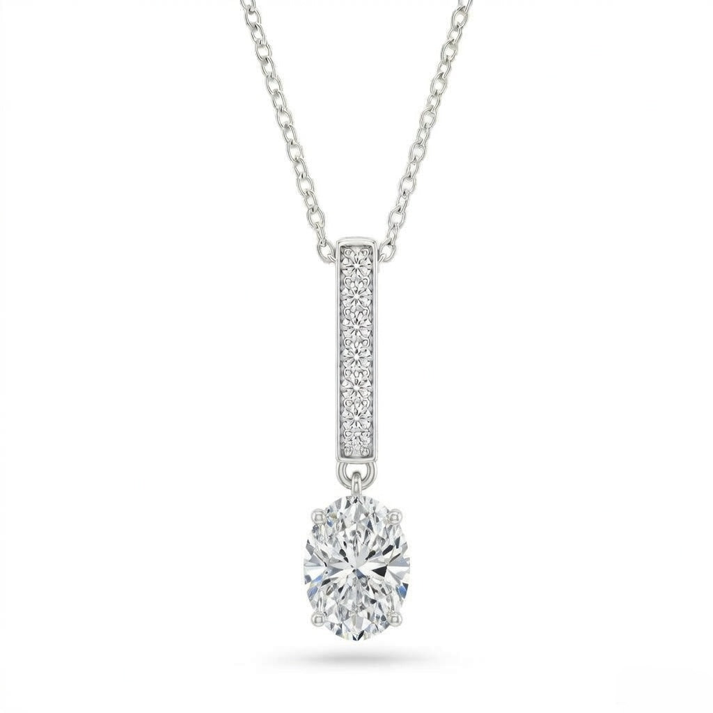 Silver Oval Brilliant Zymeris Diamond Vertical Bar Drop Pendant Necklace With Pavé Set Slim Bar And Solitaire Prong Drop