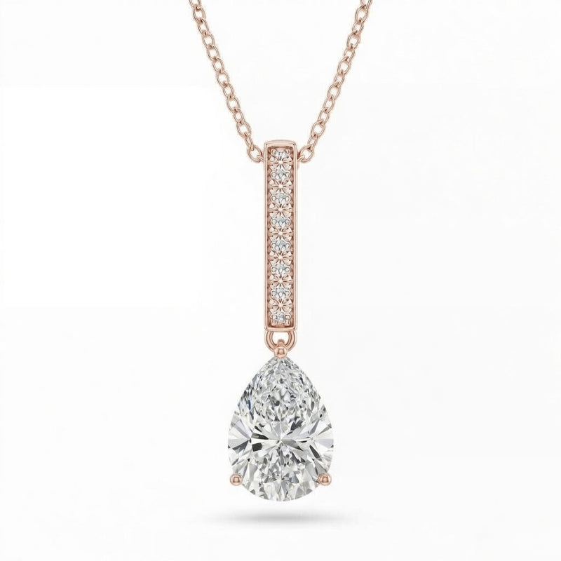 Rose Gold Pear Brilliant Zymeris Diamond Vertical Bar Drop Pendant Necklace With Pavé Set Slim Bar And Solitaire Prong Drop