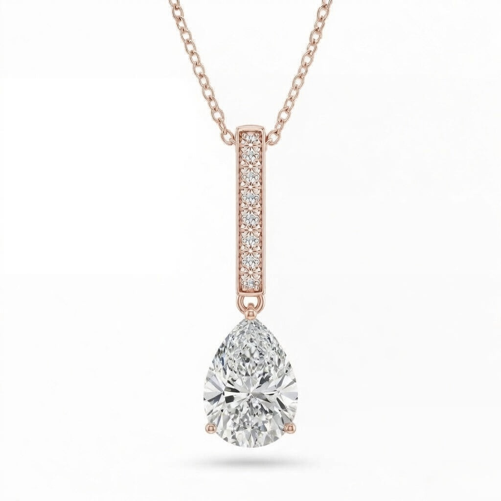 Rose Gold Pear Brilliant Zymeris Diamond Vertical Bar Drop Pendant Necklace With Pavé Set Slim Bar And Solitaire Prong Drop