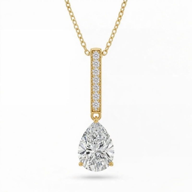 Yellow Gold Pear Brilliant Zymeris Diamond Vertical Bar Drop Pendant Necklace With Pavé Set Slim Bar And Solitaire Prong Drop