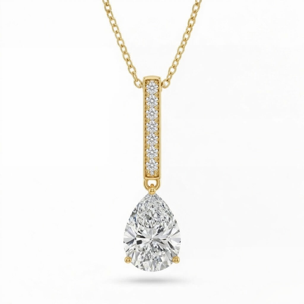 Yellow Gold Pear Brilliant Zymeris Diamond Vertical Bar Drop Pendant Necklace With Pavé Set Slim Bar And Solitaire Prong Drop