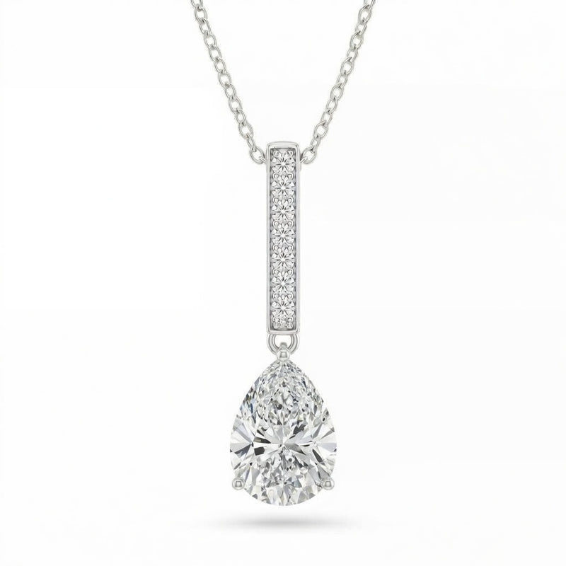 Silver Pear Brilliant Zymeris Diamond Vertical Bar Drop Pendant Necklace With Pavé Set Slim Bar And Solitaire Prong Drop