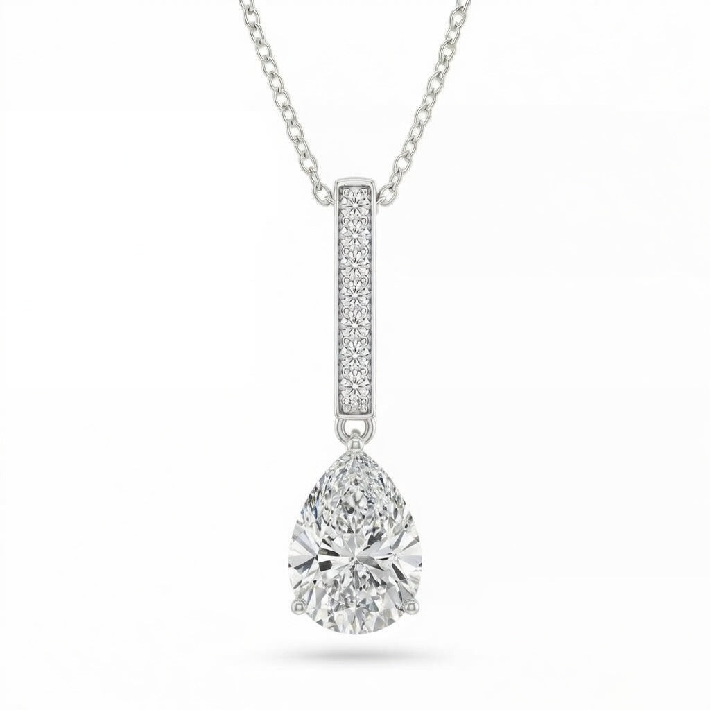 Silver Pear Brilliant Zymeris Diamond Vertical Bar Drop Pendant Necklace With Pavé Set Slim Bar And Solitaire Prong Drop