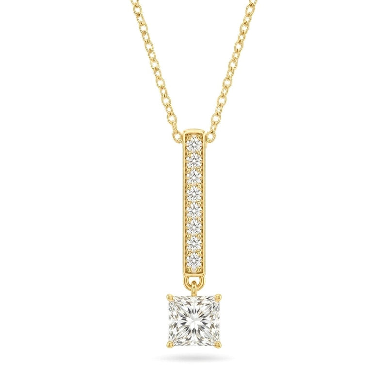 Yellow Gold Princess Brilliant Zymeris Diamond Vertical Bar Drop Pendant Necklace With Pavé Set Slim Bar And Solitaire Prong Drop