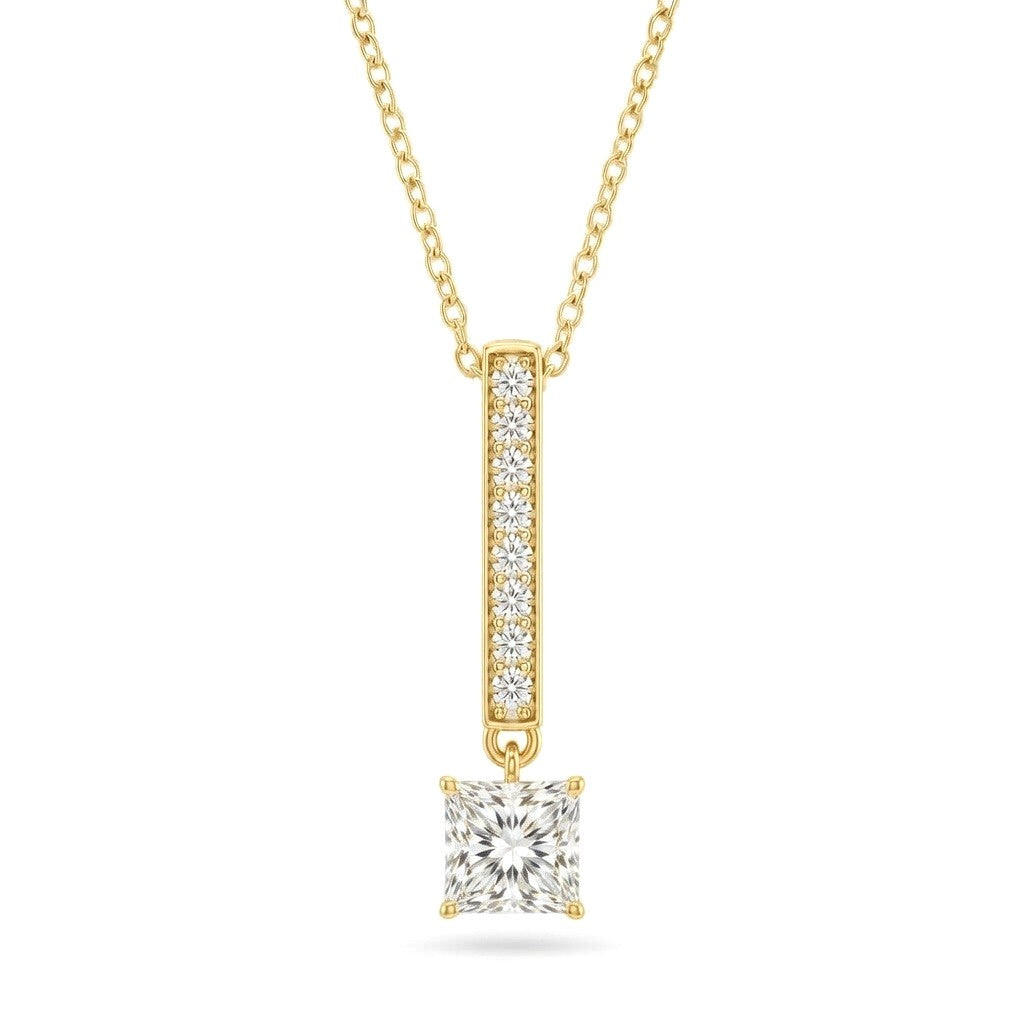 Yellow Gold Princess Brilliant Zymeris Diamond Vertical Bar Drop Pendant Necklace With Pavé Set Slim Bar And Solitaire Prong Drop