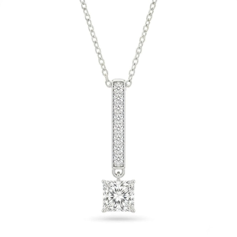 White Gold Princess Brilliant Zymeris Diamond Vertical Bar Drop Pendant Necklace With Pavé Set Slim Bar And Solitaire Prong Drop
