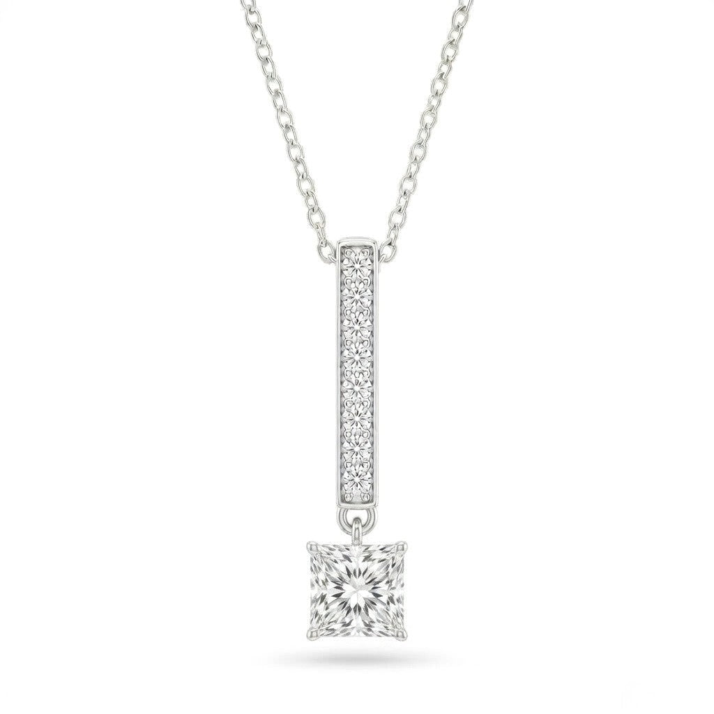 White Gold Princess Brilliant Zymeris Diamond Vertical Bar Drop Pendant Necklace With Pavé Set Slim Bar And Solitaire Prong Drop