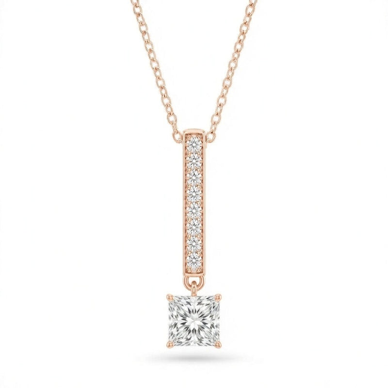 Rose Gold Princess Brilliant Zymeris Diamond Vertical Bar Drop Pendant Necklace With Pavé Set Slim Bar And Solitaire Prong Drop