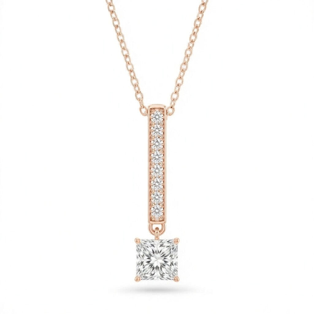 Rose Gold Princess Brilliant Zymeris Diamond Vertical Bar Drop Pendant Necklace With Pavé Set Slim Bar And Solitaire Prong Drop