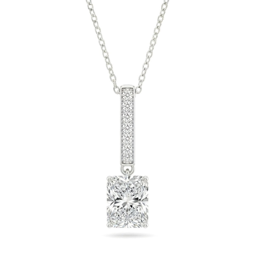 White Gold Radiant Brilliant Zymeris Diamond Vertical Bar Drop Pendant Necklace With Pavé Set Slim Bar And Solitaire Prong Drop