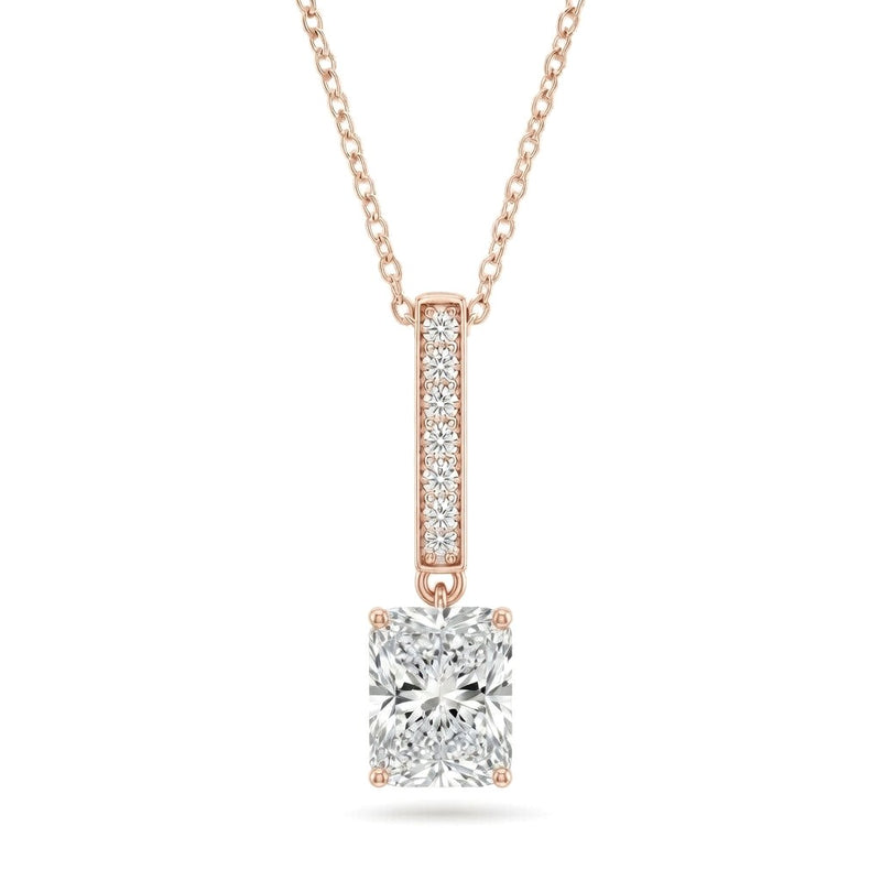 Rose Gold Radiant Brilliant Zymeris Diamond Vertical Bar Drop Pendant Necklace With Pavé Set Slim Bar And Solitaire Prong Drop