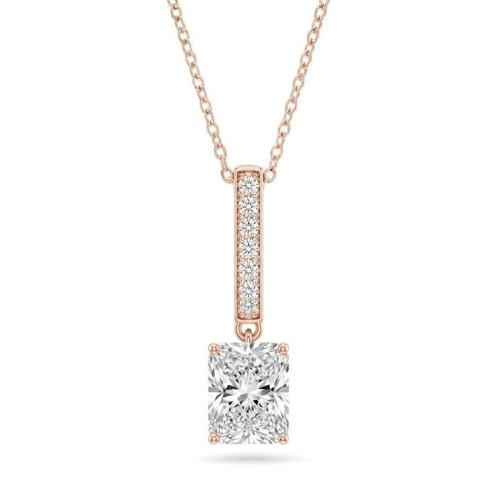 Rose Gold Radiant Brilliant Zymeris Diamond Vertical Bar Drop Pendant Necklace With Pavé Set Slim Bar And Solitaire Prong Drop
