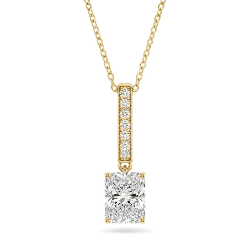 Yellow Gold Radiant Brilliant Zymeris Diamond Vertical Bar Drop Pendant Necklace With Pavé Set Slim Bar And Solitaire Prong Drop