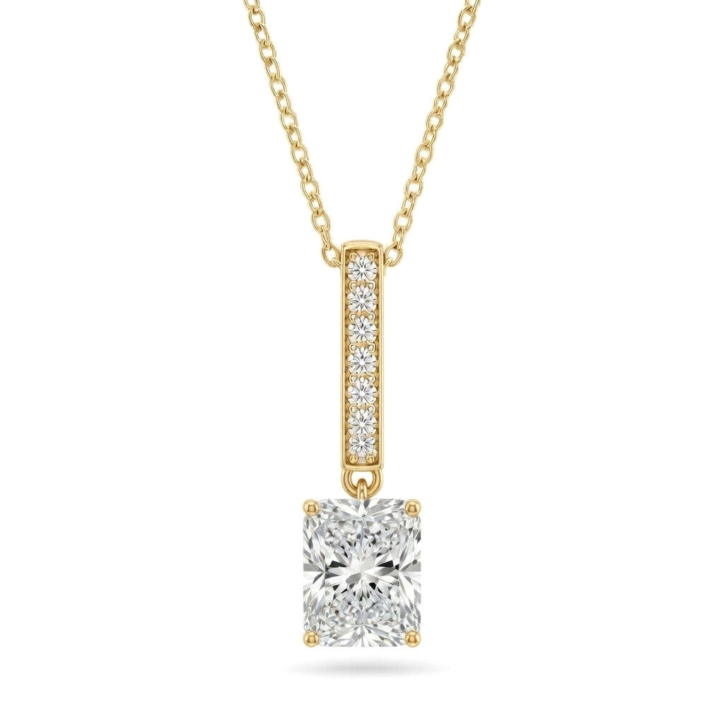 Yellow Gold Radiant Brilliant Zymeris Diamond Vertical Bar Drop Pendant Necklace With Pavé Set Slim Bar And Solitaire Prong Drop