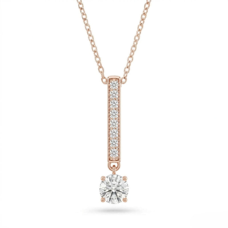 Rose Gold Round Brilliant Zymeris Diamond Vertical Bar Drop Pendant Necklace With Pavé Set Slim Bar And Solitaire Prong Drop