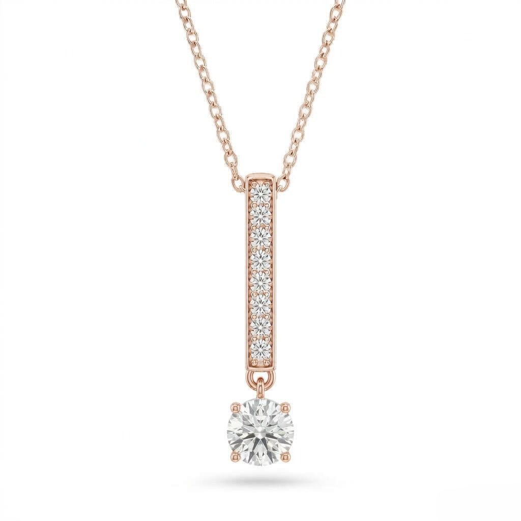 Rose Gold Round Brilliant Zymeris Diamond Vertical Bar Drop Pendant Necklace With Pavé Set Slim Bar And Solitaire Prong Drop