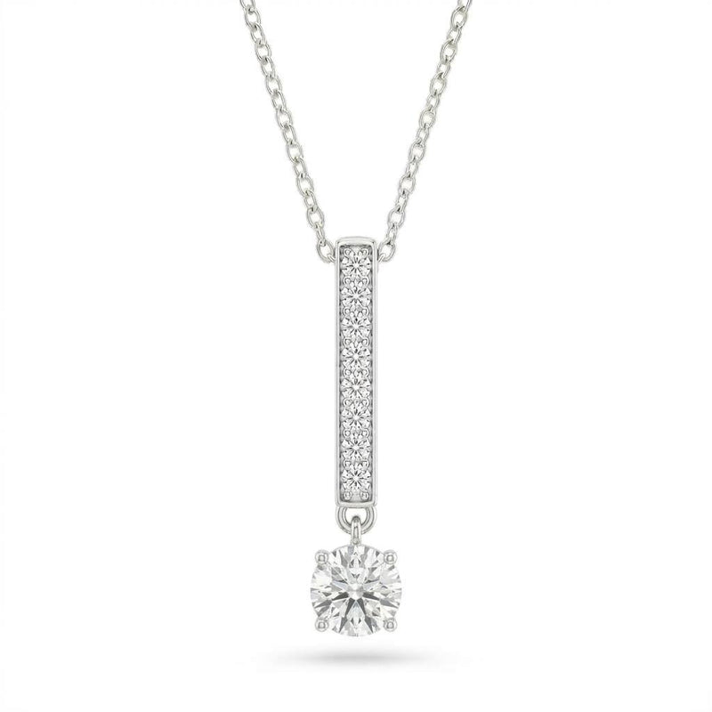 White Gold Round Brilliant Zymeris Diamond Vertical Bar Drop Pendant Necklace With Pavé Set Slim Bar And Solitaire Prong Drop
