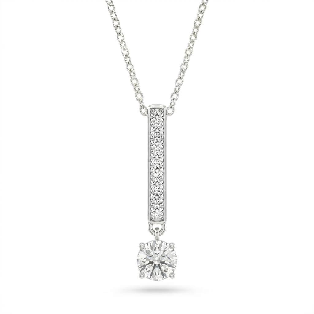 White Gold Round Brilliant Zymeris Diamond Vertical Bar Drop Pendant Necklace With Pavé Set Slim Bar And Solitaire Prong Drop
