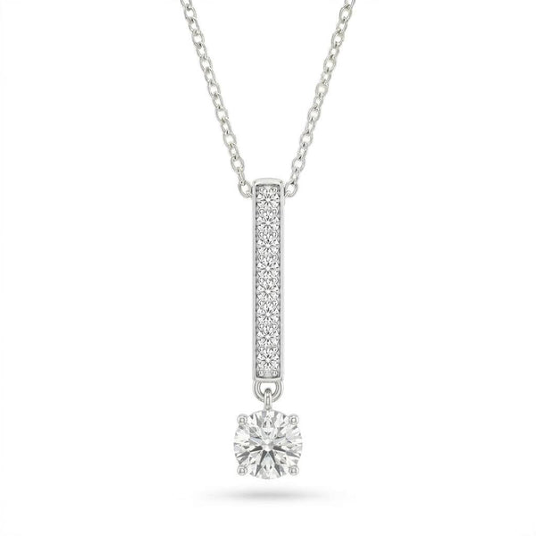 Silver Round Brilliant Zymeris Diamond Vertical Bar Drop Pendant Necklace With Pavé Set Slim Bar And Solitaire Prong Drop