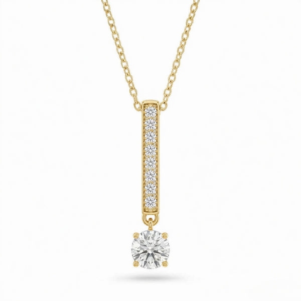 Yellow Gold Round Brilliant Zymeris Diamond Vertical Bar Drop Pendant Necklace With Pavé Set Slim Bar And Solitaire Prong Drop